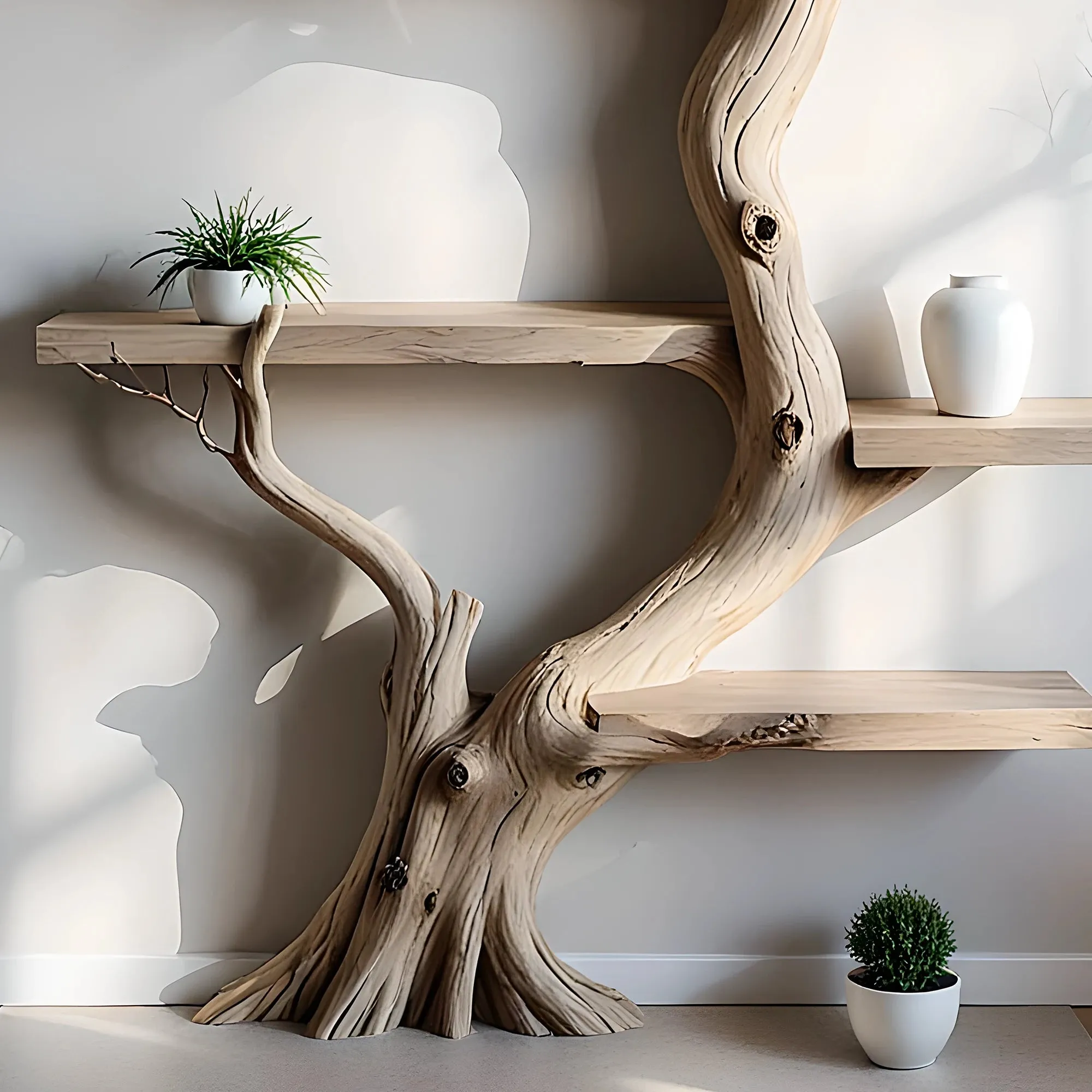 Rustic Tree Branch Floating Wooden Bookshelf for Home Decor