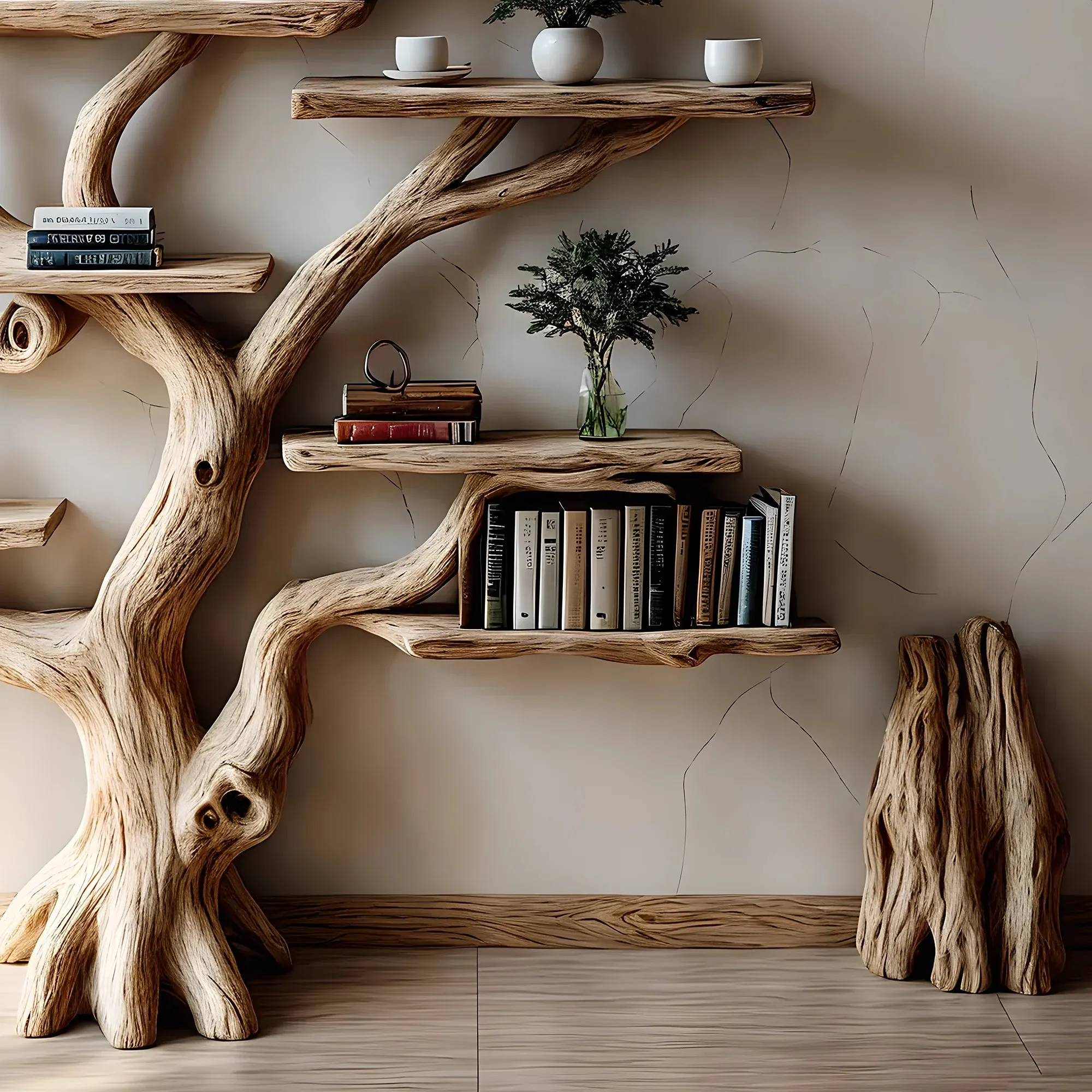 Natural Pine Branch Tree-Shaped Bookshelf for Kids & Library