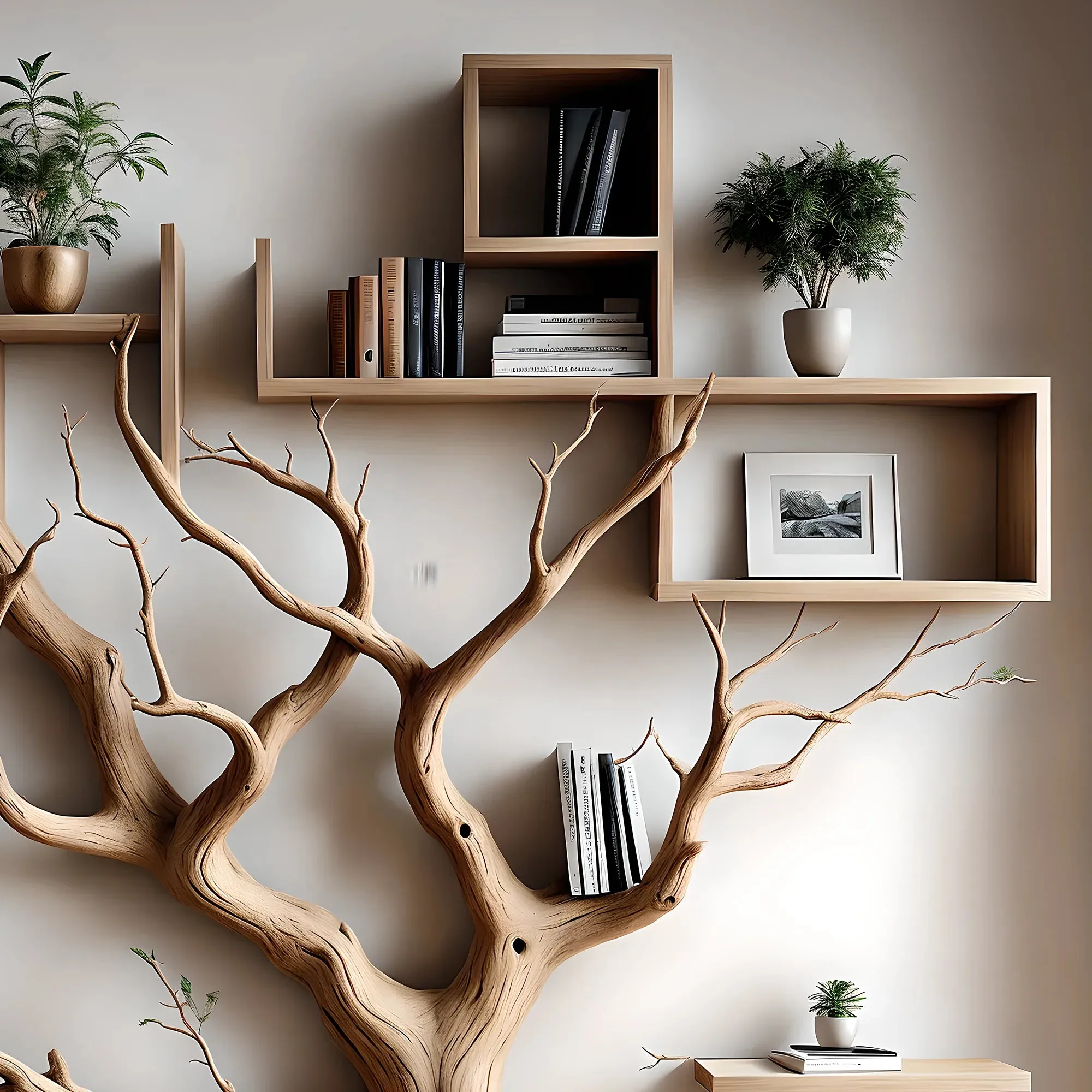 Two-Branch Tree-Shaped Wooden Bookshelf for Living Room Decor