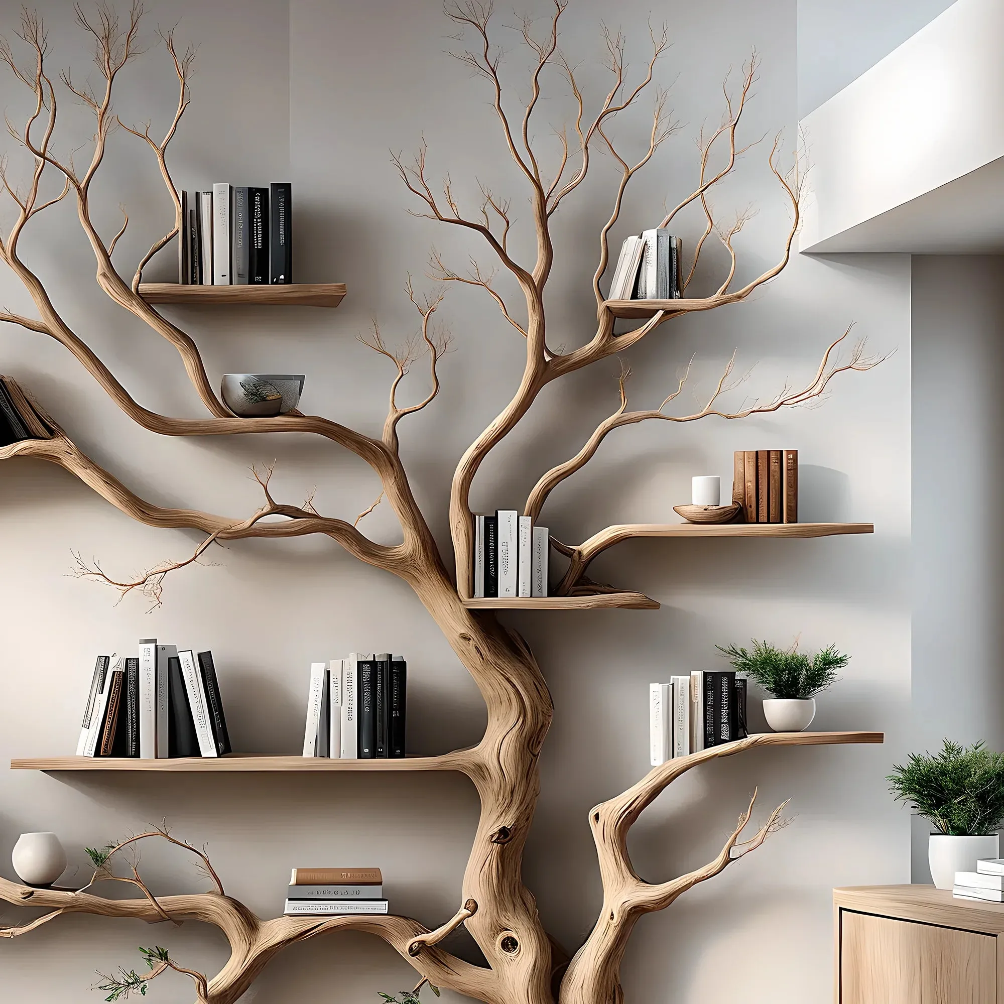 Old Tree-Shaped Wooden Bookshelf – Wall-Mounted Rustic Shelf