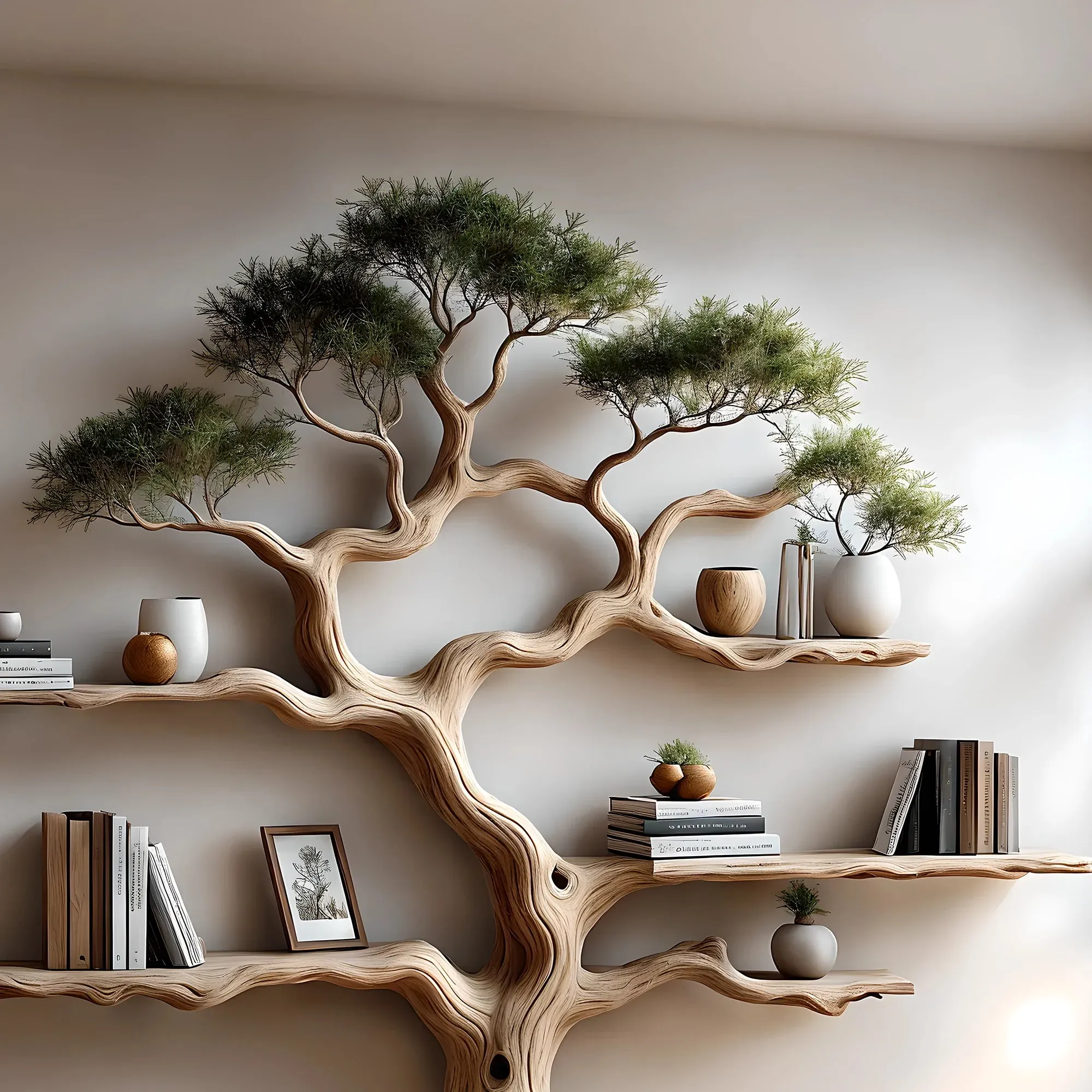 Perennial Old Tree-Shaped Wooden Bookshelf for Artistic Decoration