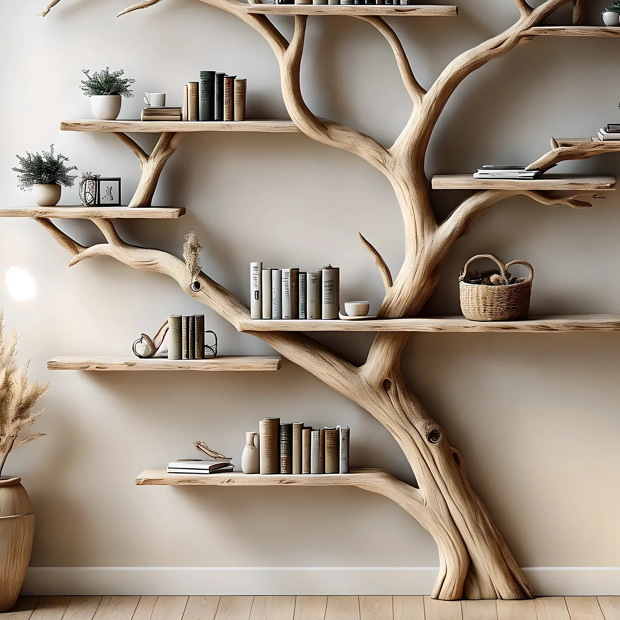 Tree-Shaped Wall-Mounted Wooden Bookshelf for Home & Kids’ Room