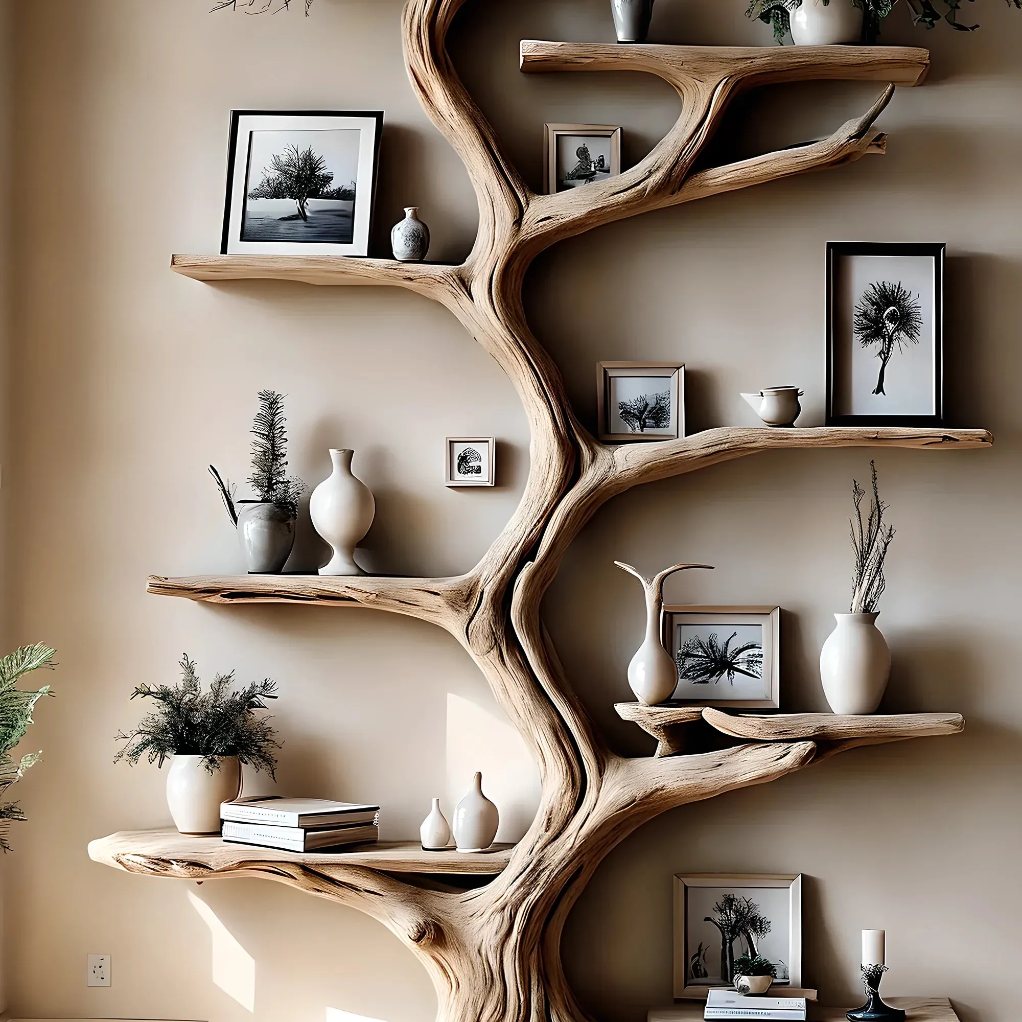 Rustic Tree Branch Solid Wood Floating Bookshelf – Gift & Decor